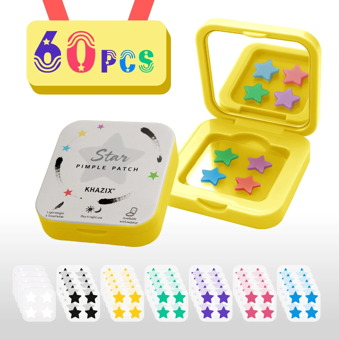 

60pcs multi-color star acne patches come with a makeup mirror. Carry it with you at any time to touch up your makeup. Colorful