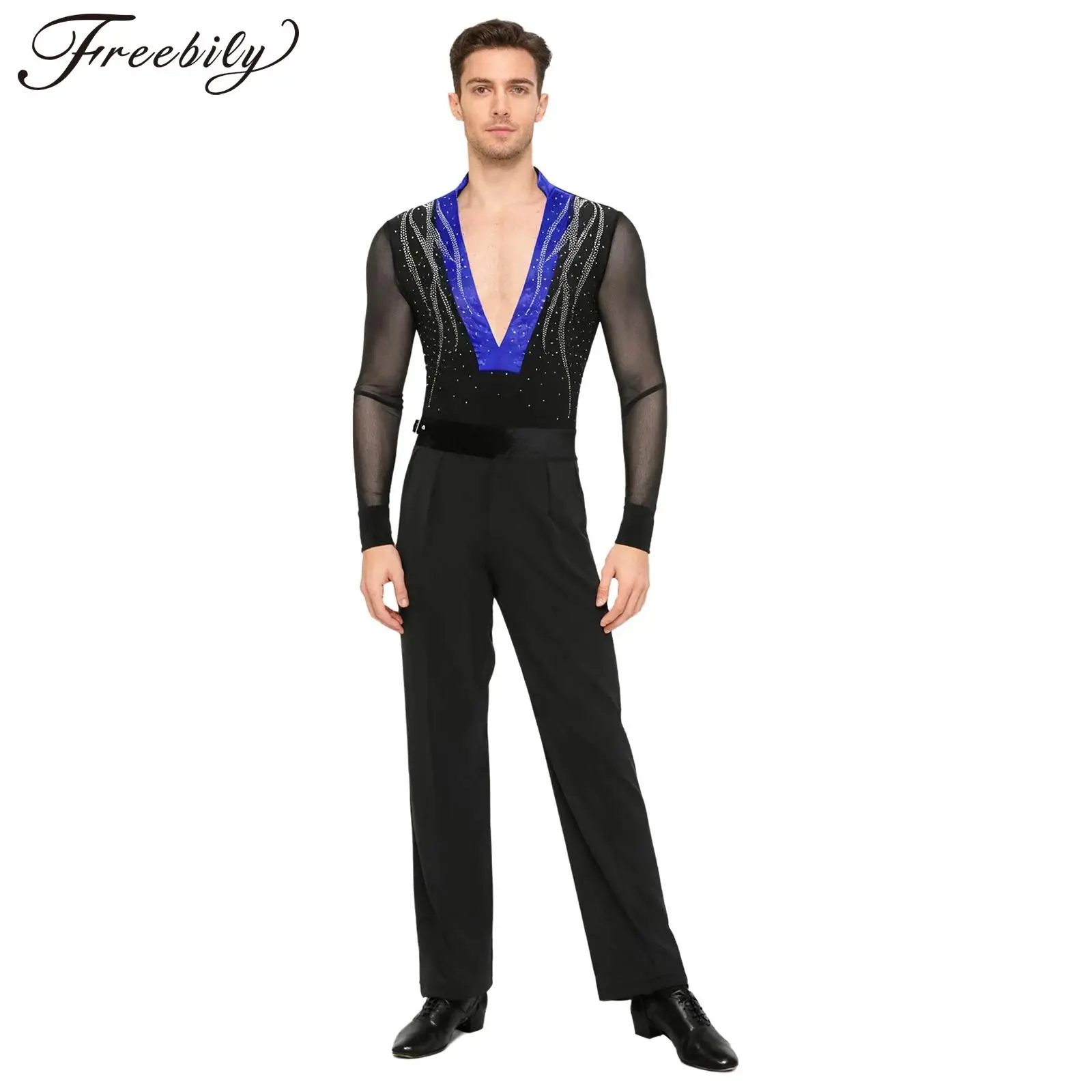 الرجال اللاتينية التانغو أداء الرقص الزي يوتار مع السراويل الشكل التزلج الباليه السالسا قاعة الرقص السامبا رومبا تشا تشا Dancewear