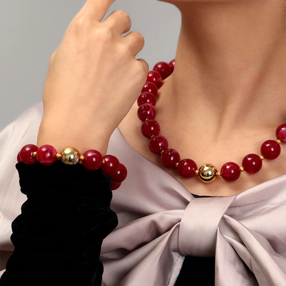 New Resin Round Beaded Chain Necklaces Bracelets for Women Man Statement Marbling Color Acrylic Choker Handmade Jewelry Gift