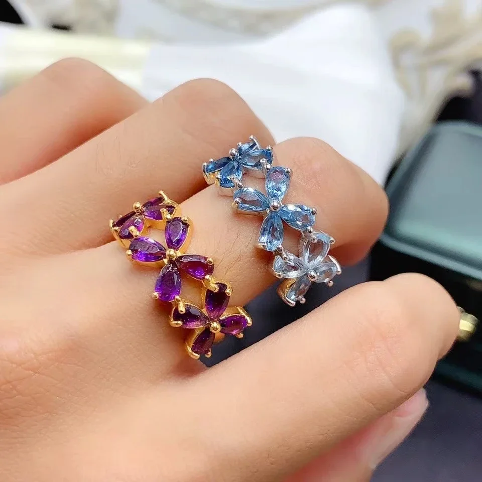 Exquisite 925 Silver Gemstone Ring 3mm*5mm Natural Amethyst Ring 18K Gold Plated Genuine Topaz Ring for Party