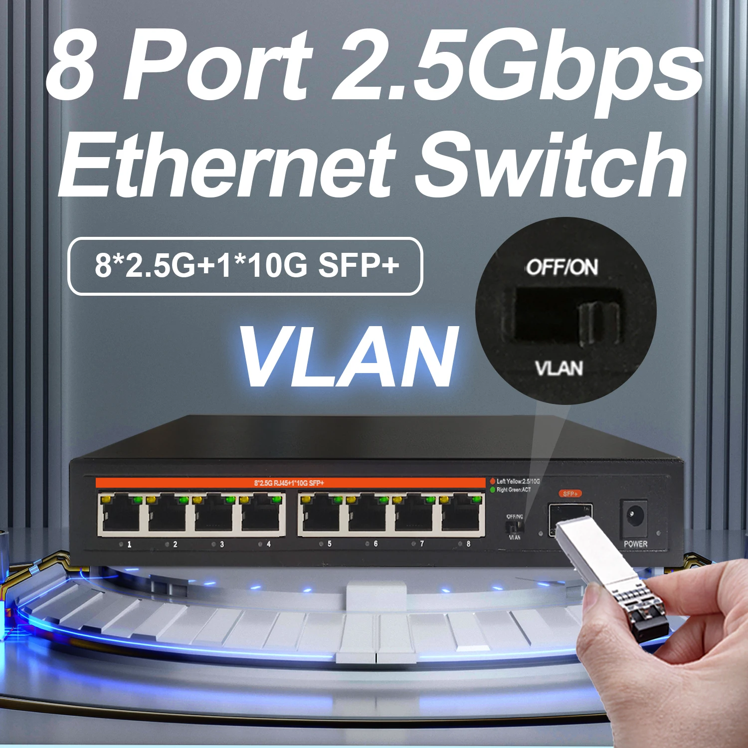 

2.5G Ethernet Network Switch Unmanaged LAN Hub VLAN 8*2.5G+1*10G SFP+ Uplink Ports WTD Fanless for Wifi Router Wireless AP