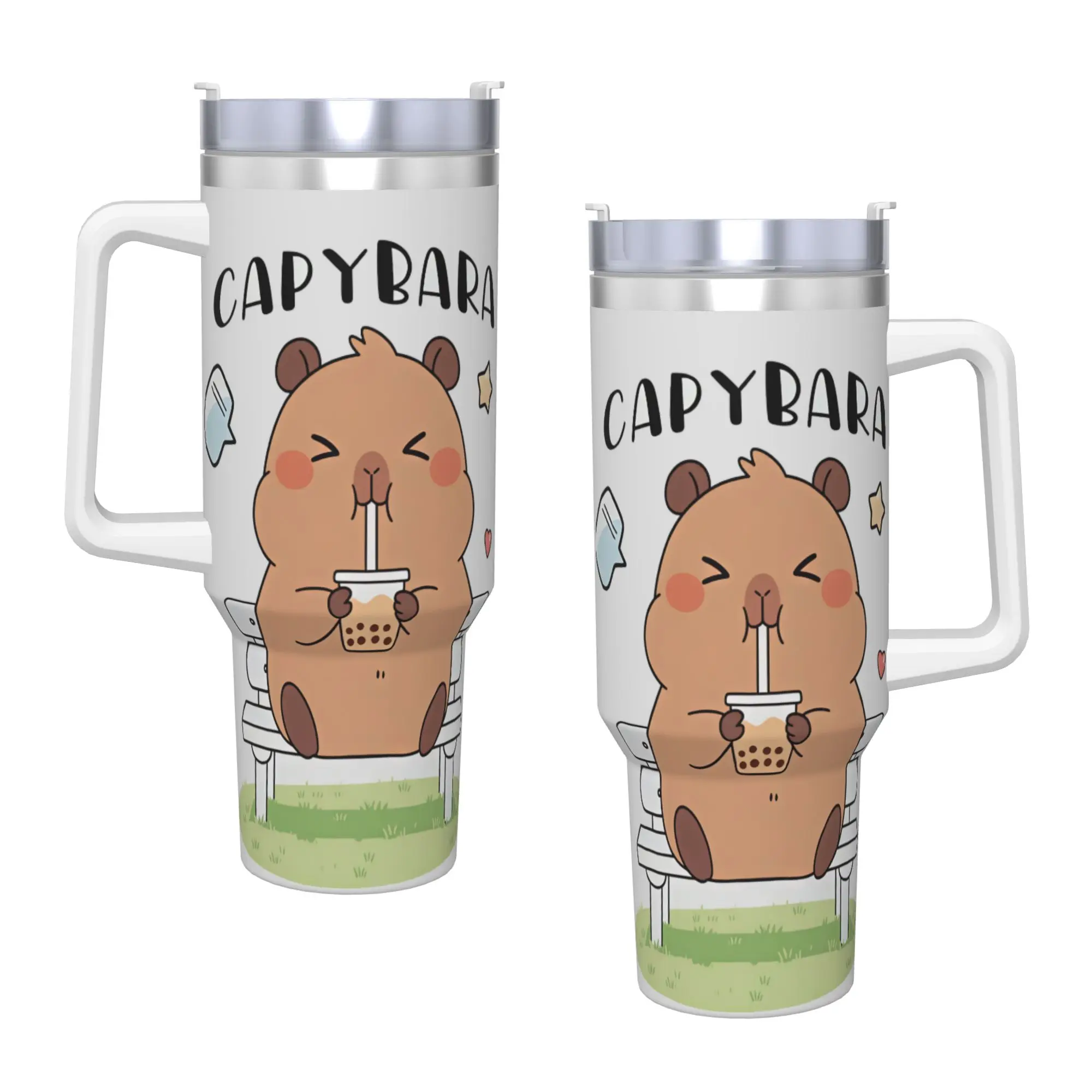 Stainless Steel Tumbler Capybara Sits On Bench Drinking Bubble Tea Cartoon Coffee Mug Leakproof Hot Drinks Mugs Cup Water Bottle