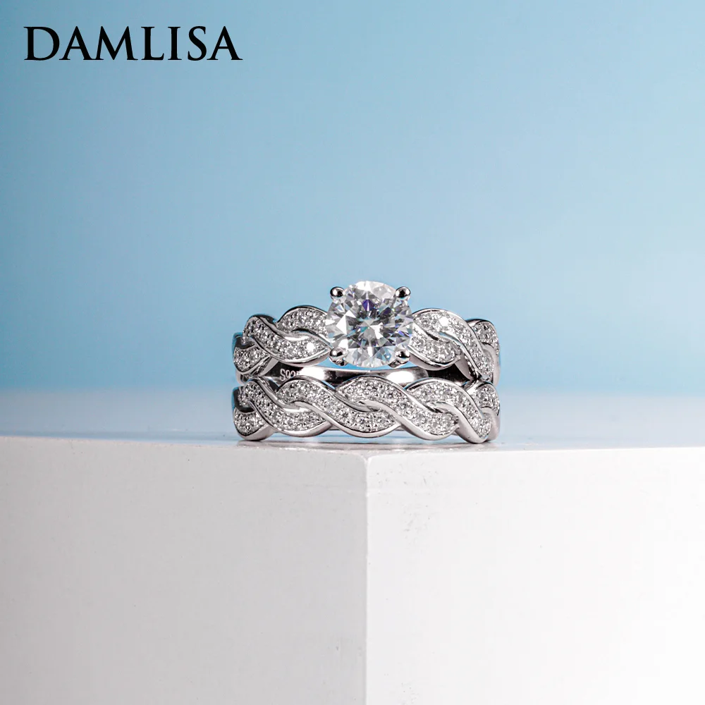 DAMLISA 1ct D Color Moissanite Twist Shank Ring Set For Women 925 Sterling Silver Bridal Sets Wedding Band Engagement Rings Gift