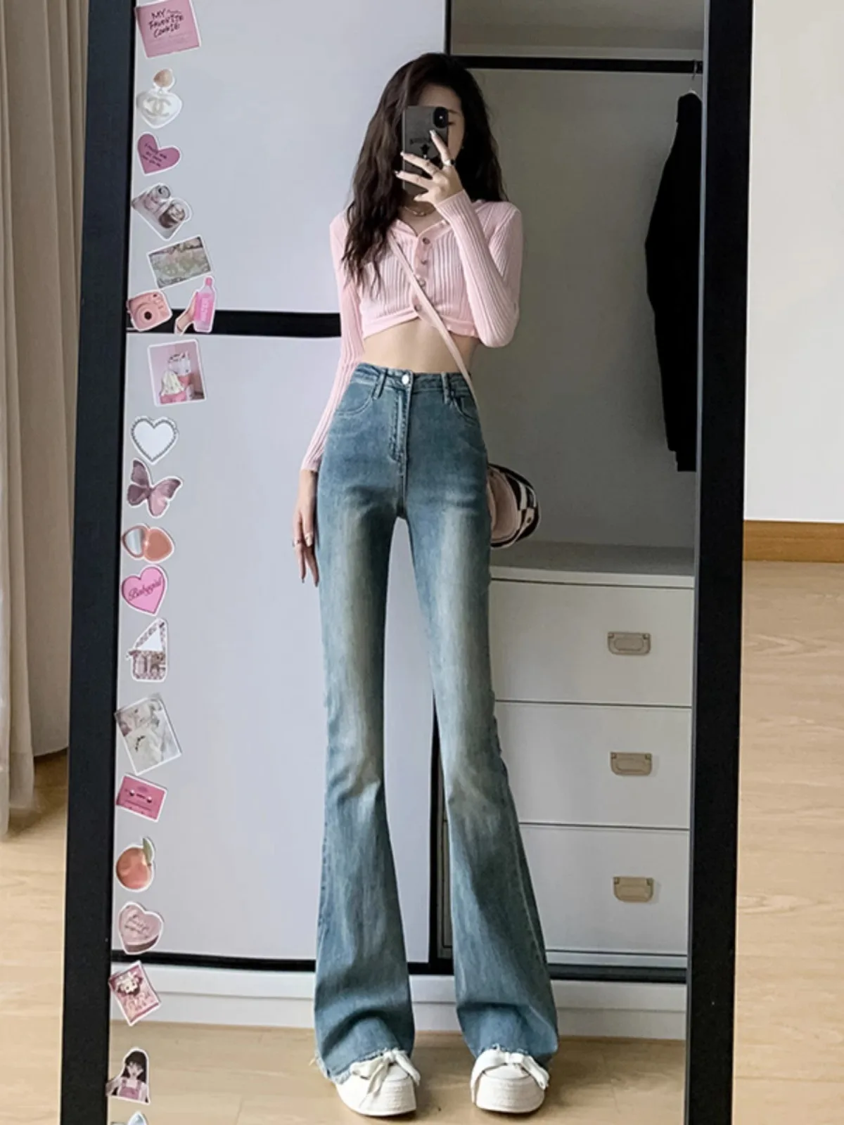 Retro High Waist Stretchy Micro Flare Denim Jeans Women's Small Size Spring Autumn New Slimming  Hoof Pants Frayed Bell ...