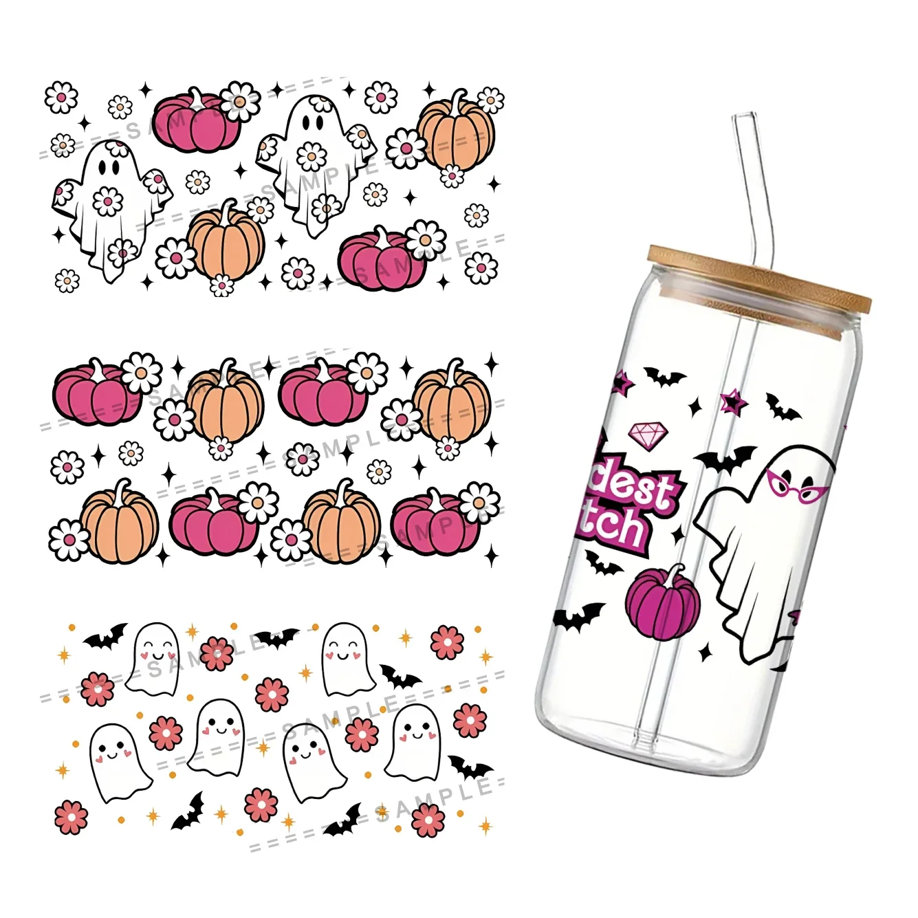 

Skulls Pumpkin Patterns Halloween Theme For Libbey 16oz Can Glass 3D Waterproof UV DTF Coffee Can Wrap Libbey Glass Wrap