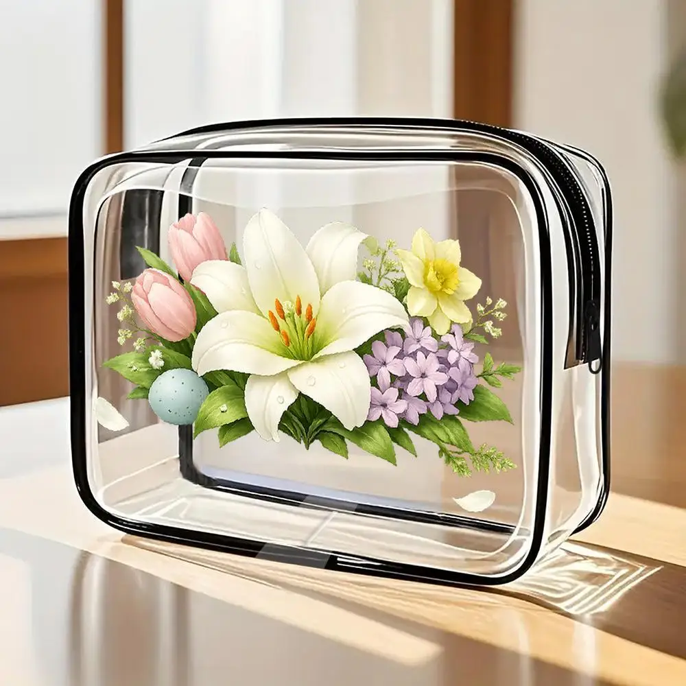 

Toilet Bag Lily Tulip Daffodil Bouquet Clear PVC Cosmetic Bag Elegant Colorful For Floral Design With Black Zipper Trim Portable