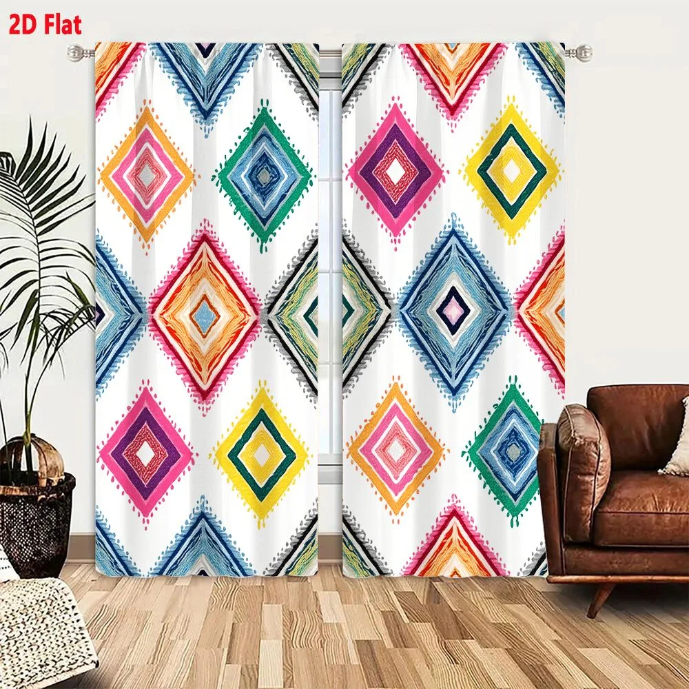 2Pcs Curtains 2D Flat Vibrant Geometric Diamond Pattern With Watercolor Texture And Folk Art Aesthetic For Fabric And Wallpaper