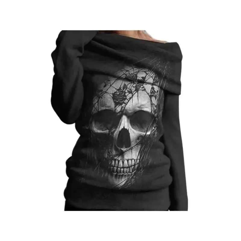 BAMBOOBOY Off Shoulder Gothict Women Tops Stylish Long Sleeve Scary Skull Black y2k T-shirt Hallowmas Casual Warm Sweatshirt