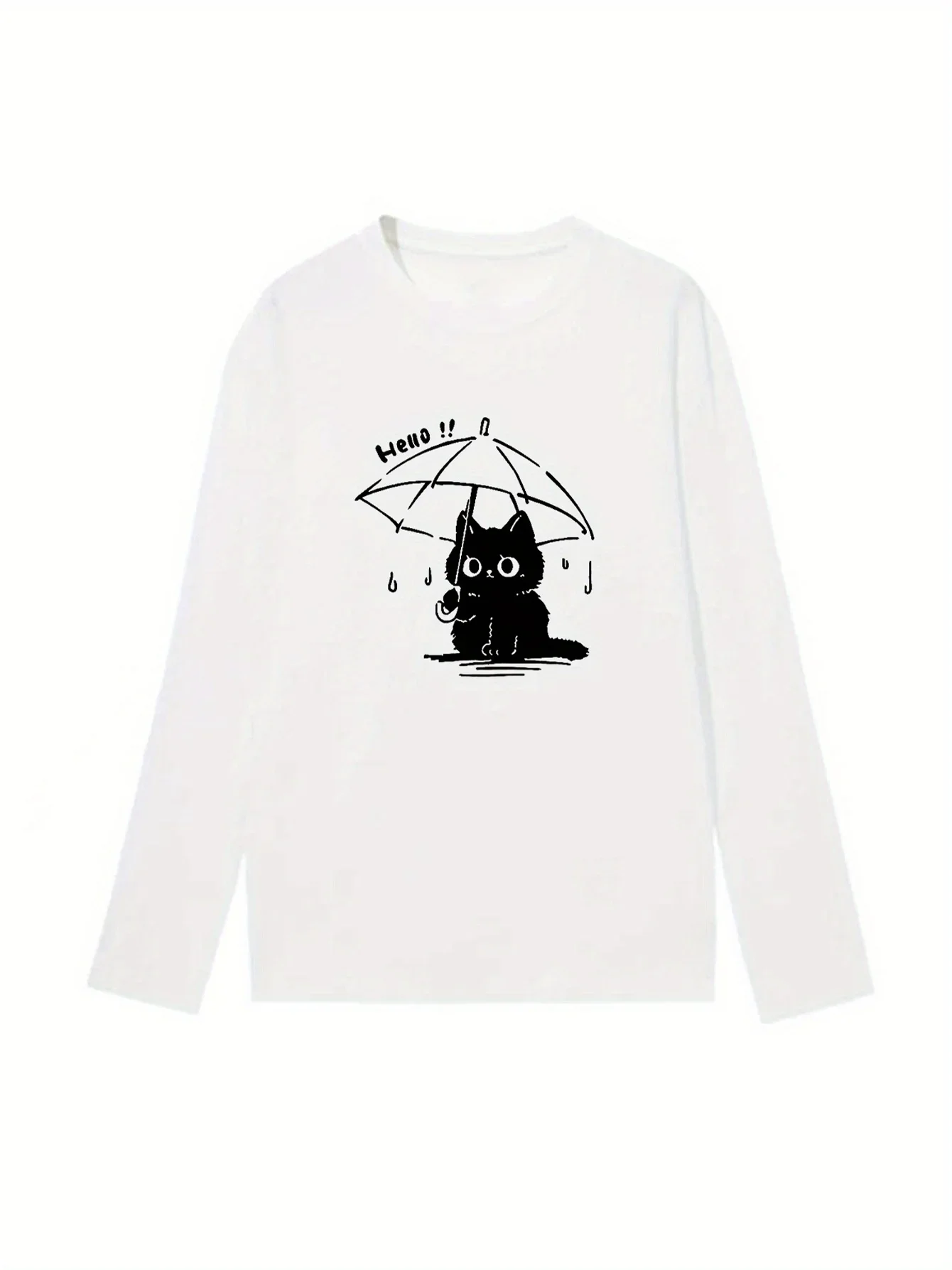 Women'S Cute Black Cat Graphic 100% Cotton Long Sleeve T-Shirt Casual Top Cat with Umbrella Design Round Neck Fall/Winter