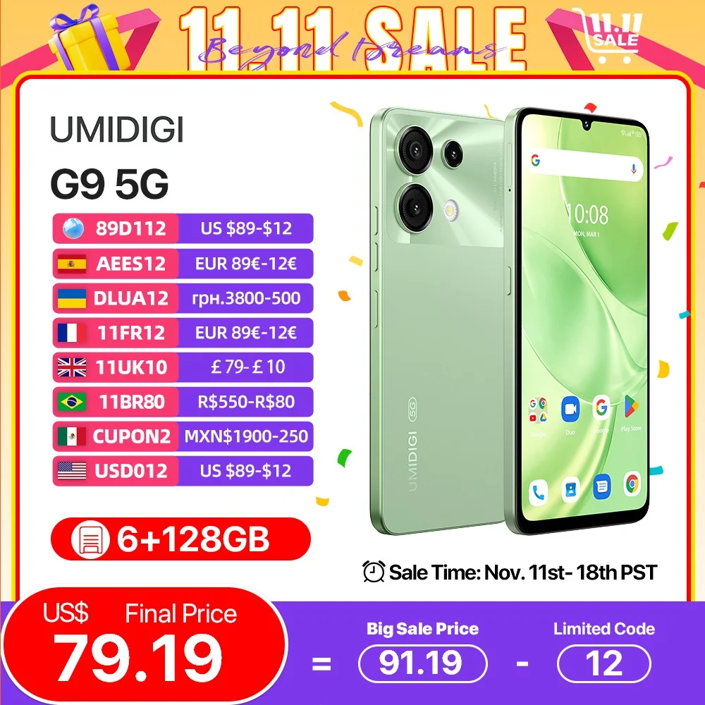 UMIDIGI G9 5G Smartphone 5G Android 14 8-Core 6+6GB 128GB 6.75” 90Hz HD+ 50MP 5000mAh 18W Charging 5G cellphone