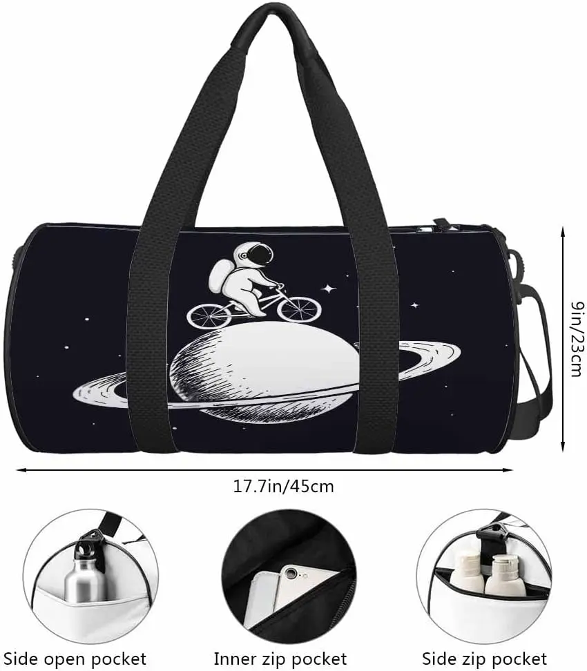 Space Astronaut Gym Bag Space Cute Cartoon Man Riding Bicycle Saturn Planet Duffle Bag Sports Bag for Women Man Weekender Bag