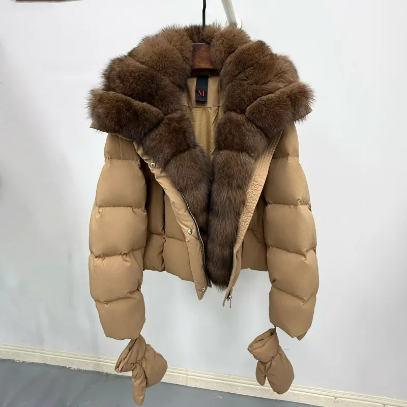 High quality winter new women's fox fur collar hooded down jacket y2k fashionable casual thick warm goose down coat warm gloves