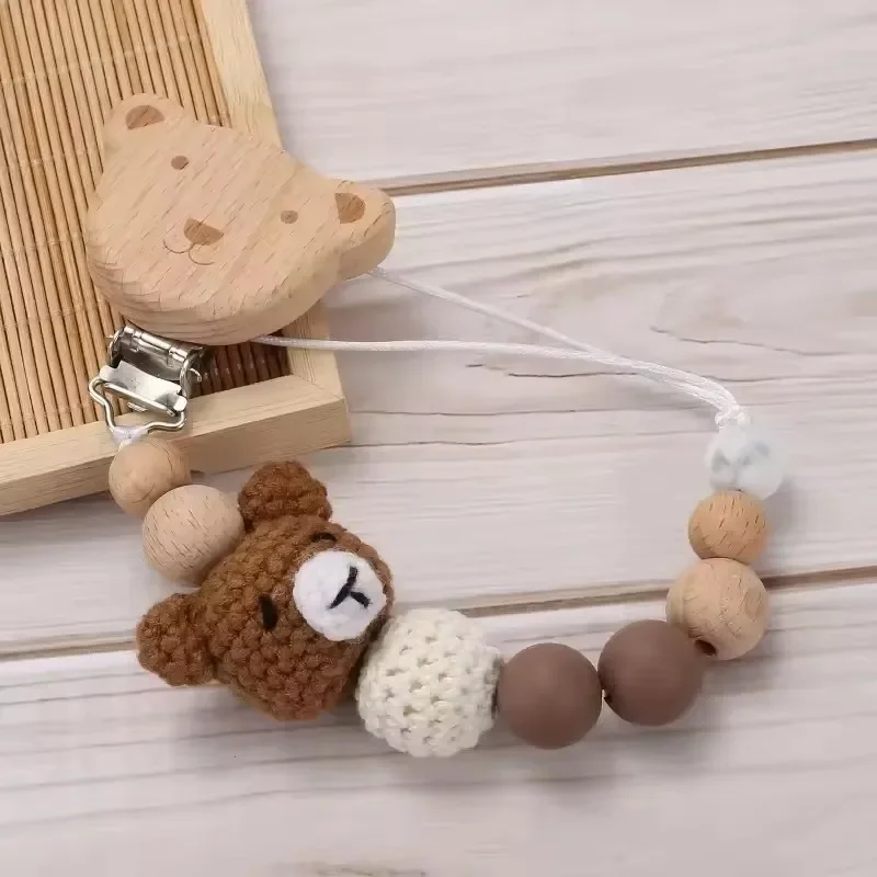 1Pcs Baby Wooden Pacifier Clip Wood Crochet Rabbit Teething Soother Chain For BPA Free Nursing Chew Toy Baby Bear  Holder Chain