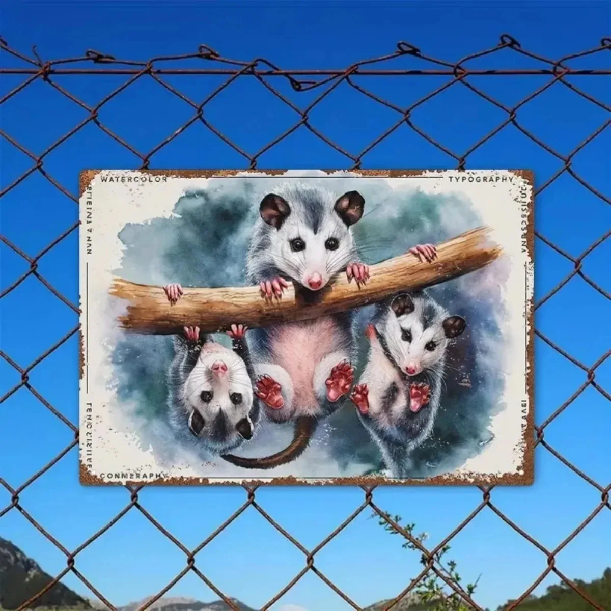 Letrero de metal de zarigüe Americana rústica 2D, diseño de gambas juguetones en ramas, arte de pared versátil para interiores y exteriores, 1 ud.