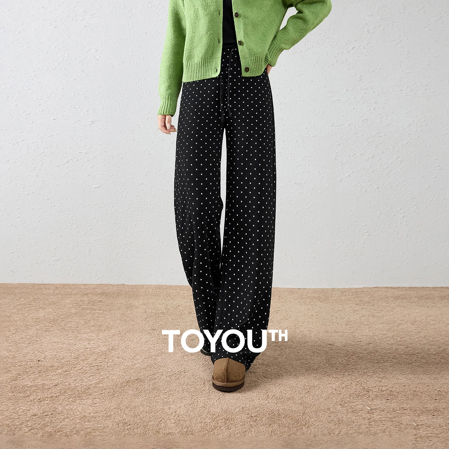 TOYOUTH Women Casual Pants 2026 Winter New Vintage Polka Dot Mid Rise Elastic Waist Loose Drape Wide Leg Trousers