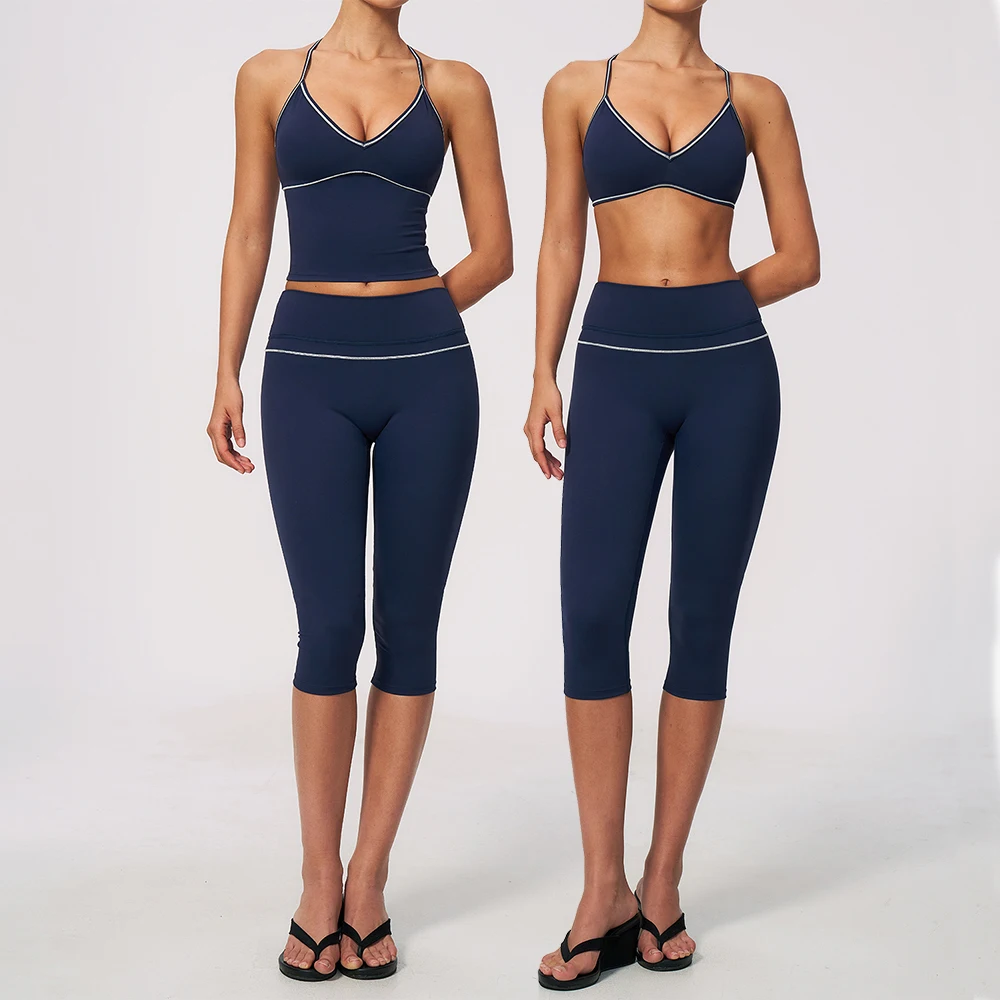 Women 2Pcs Tracksuit V Back Contrast Stitching Shorts and Top Set High Waist Capri Yoga Pants Push Up Gym Fitness Suit Female
