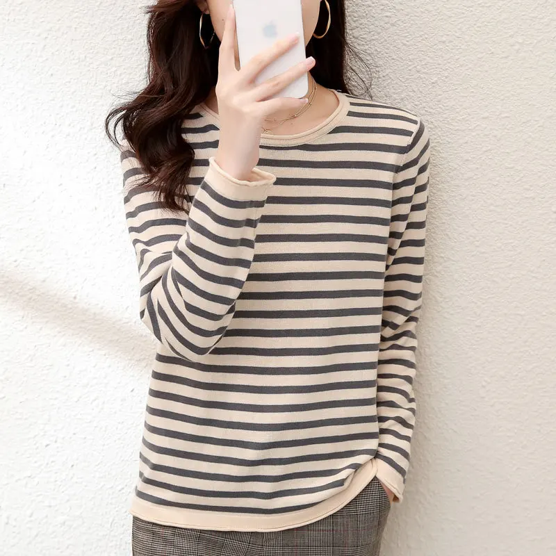 2024 cotton low crew neck sweater women's striped top with thickened bottoming shirt