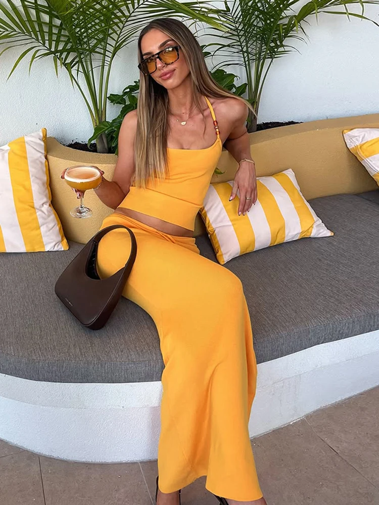 

Nibber на шнуровке с лямкой на шее, комплект из 2 предметов, женские модные укороченные топы с жемчугом и открытой спиной + эластичные юбки, тонкие костюмы для пляжной вечеринки