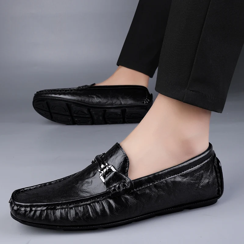 

Коричневые туфли LeFu с металлической пряжкой, мужские тапочки из натуральной кожи, удобная мужская повседневная обувь, мужские туфли для вождения, дышащие м