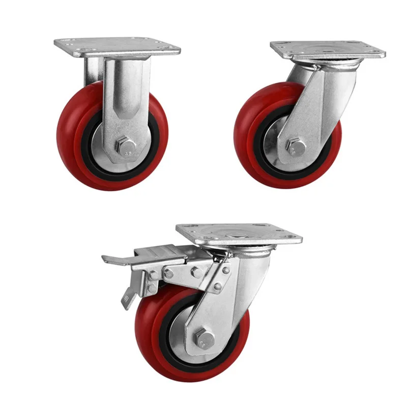 1 Pcs - 8inch Heavy-Duty Korean-Style Caster - Red Arc Plastic Core Anti-Tangle PU Polyurethane Swivel Wheel