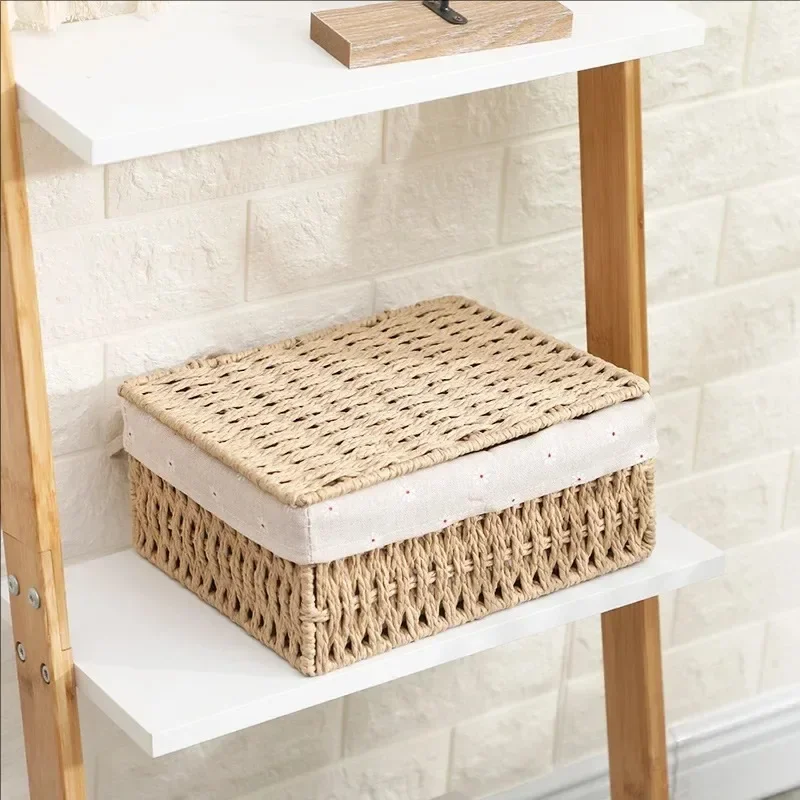 

Woven Storage Baskets Handmade Rattan Box Lid Sundries Wicker Laundry Baskets Cosmetic Towel Container Rangement Organisation