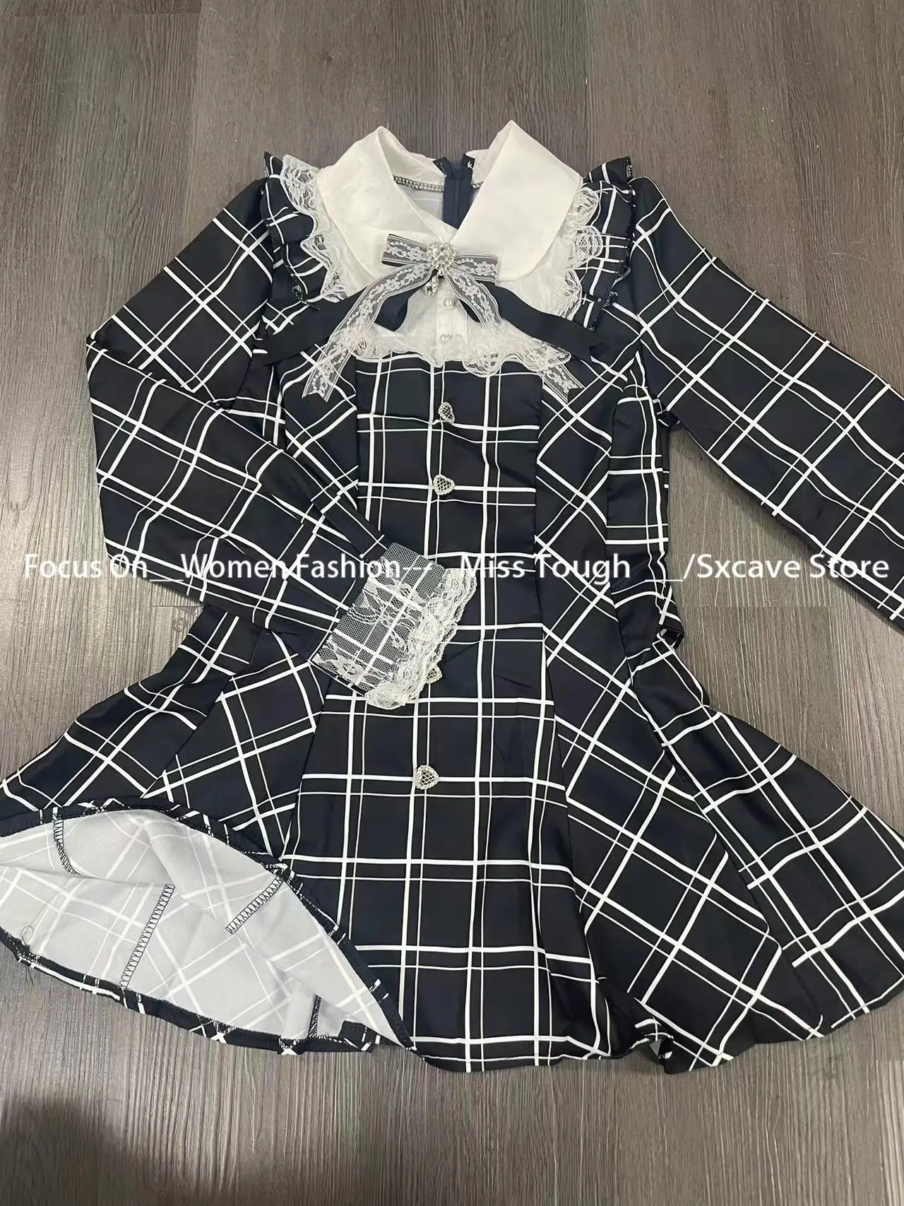 Harajuku Sweet Bow Black Plaid Dresses All-match Slim Fit Kawaii Lolita Dress for Women Autumn New Long Sleeve Vestidos De Mujer