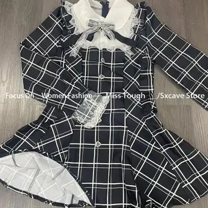 Süße Harajuku schwarze Bogenplaidkleider All-Match feine Einstellung Kawaii Lolita Kleid für Frauen Herbst Neue Manga Long Sleeve 10 Hauptverkaufskleid - №6
