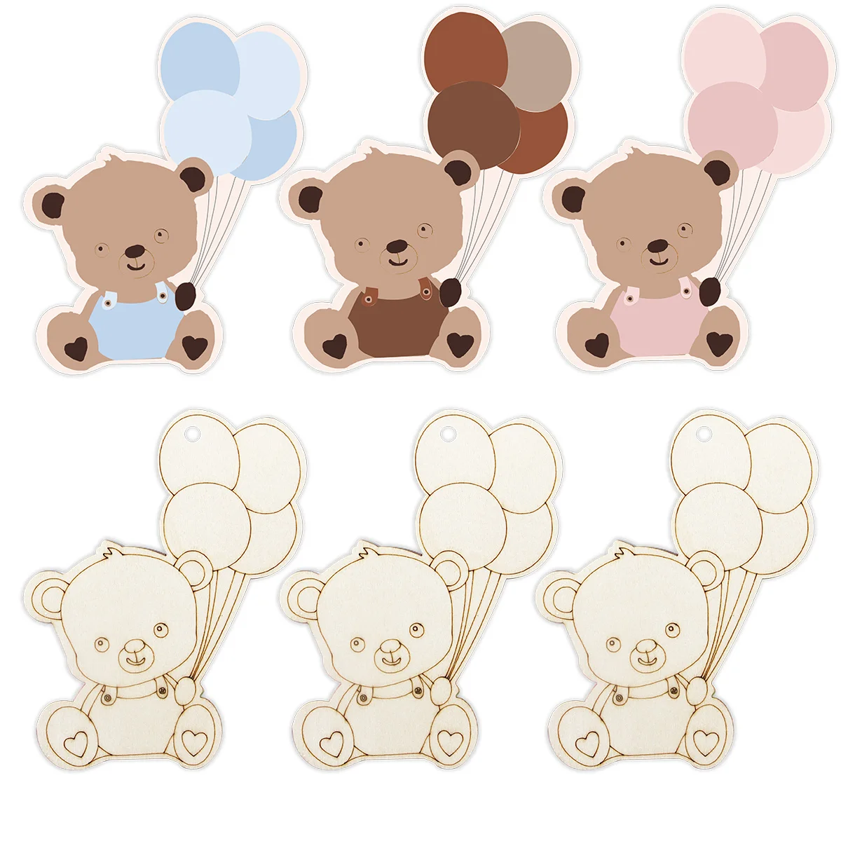 10pcs Wooden Carton Bear Balloon Ornament DIY Haning Pendants for Bear Birthday Party Decorations Kids DIY Painting Gifts Supply