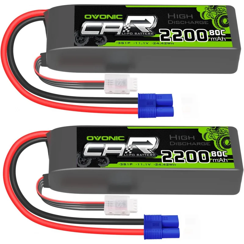 

OVONIC 11.1V Lipo Battery 3S 80C 2200mAh Lipo with EC3 Connector for RC Car Trucks 1/8 1/10 RC Vehicles(2 Packs)