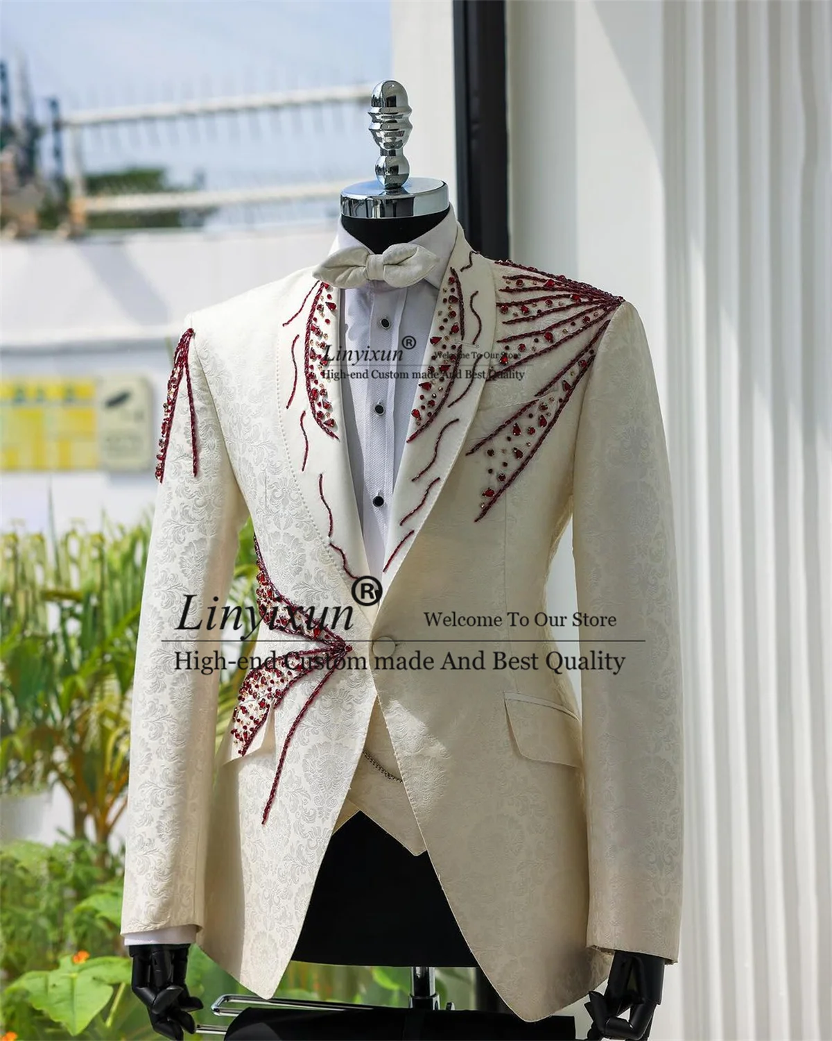 Fashion Jacquard Men Suits Luxury Beadeds Crystal Groom Tuxedos 3 Pieces Wedding Bridegroom Blazers Male Custom Homme Marrige