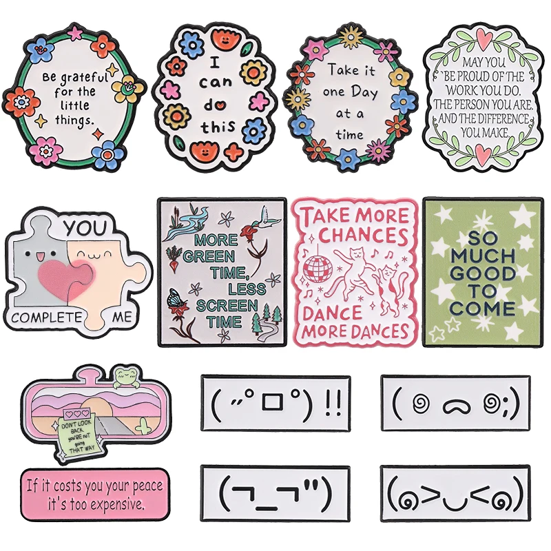 Inspirational Positive Enamel Pins Kaomoji Brooches Floral Self Care Badge You Complete Me Motivational Jewelry Gift for Friends