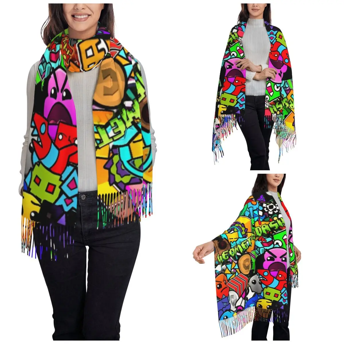 Geometry Dash Video Game Shawl Wrap Womens Winter Large Soft Scarf Geometric Dash Pashminas Tassel Scarves