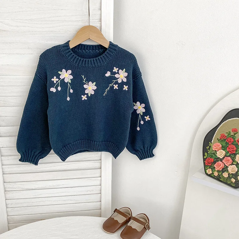 Autumn Knitted Sweater Girl Baby Childrens Flower Embroidered Crewneck Knitted Infant Toddler Long Sleeve Knit Flower Pullover