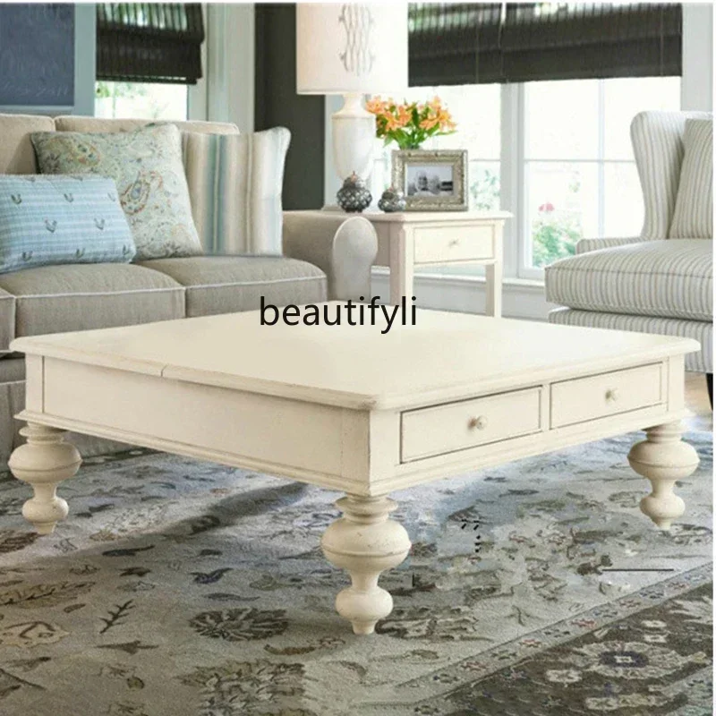 American-Style Solid Wood Coffee Table  Living Room Black Square Lifting with Drawer Storage Simple Coffee Table Customization