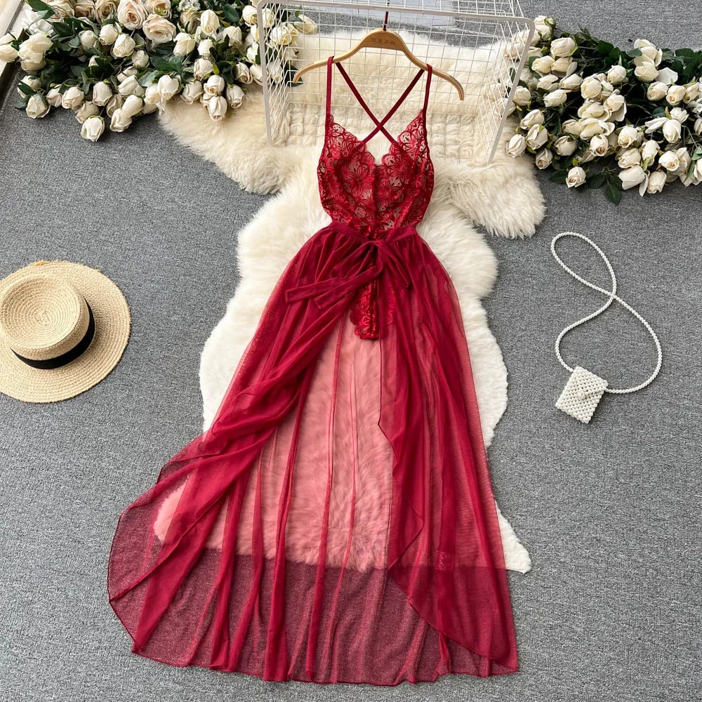 Women's Multicolour Transpar Sexy Charming Flowing Mesh Long Skirt With Girls V-neck Lace Hollowed out Flower Top Two Pieces Set