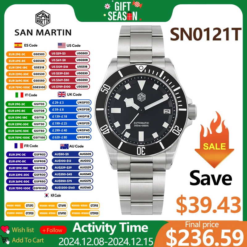 San Martin SN0121T Titanium Diving Watch NH35 Automatic Movement Watches Grade2 Titanium 120 Click Waterproof 300m Wristwatch