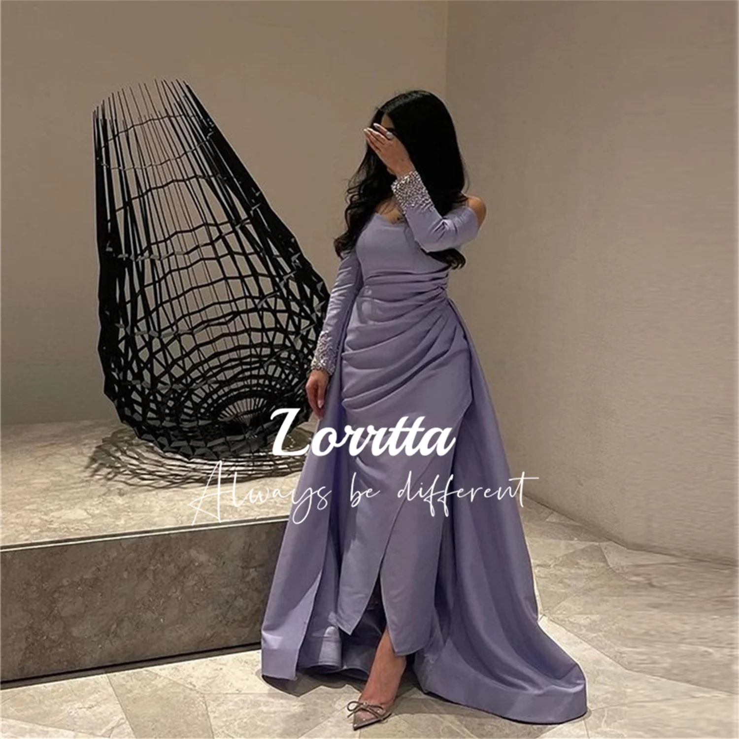 Lorrtta vestido de noche elegante púrpura elegante, manga larga, sirena, cuentas, satén, Dubai, ocasión Formal, longitud hasta el suelo,