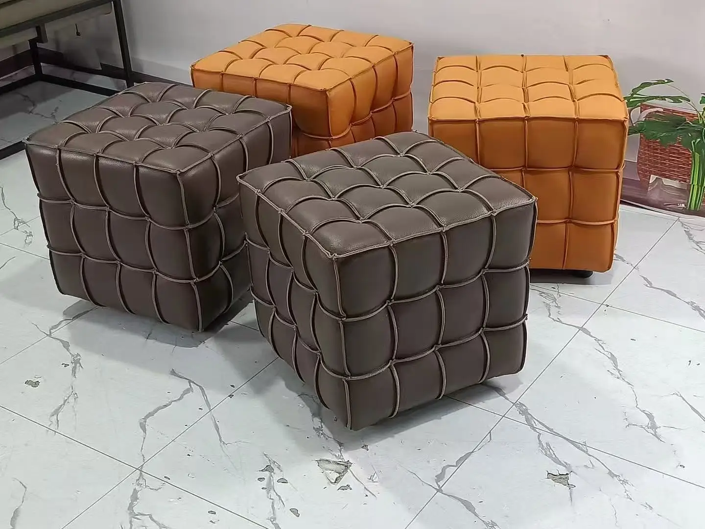 Brown PU Fabric Leather Ottoman Stool