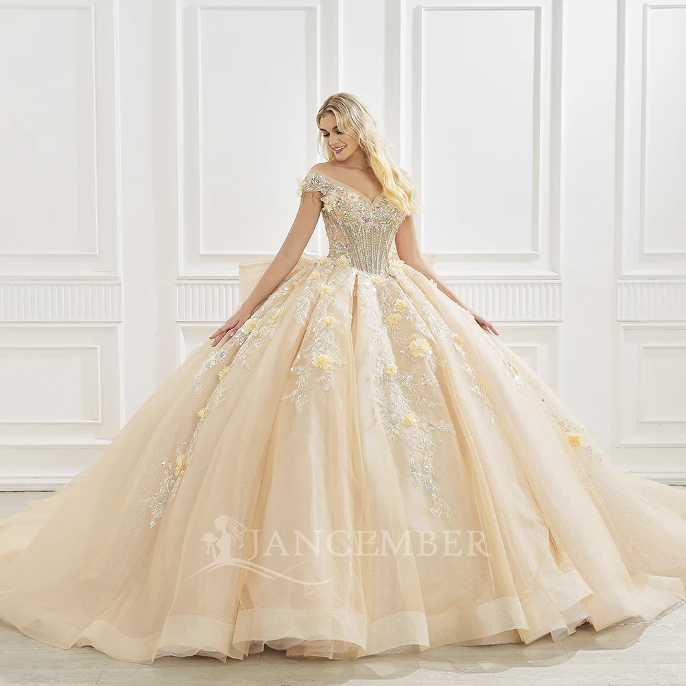 Shiny Royal Ball Gown Off Shoulder Applique Lace Beads Quinceanera Dresses Sweet 16 Dress Vestidos 15 De Años Customized
