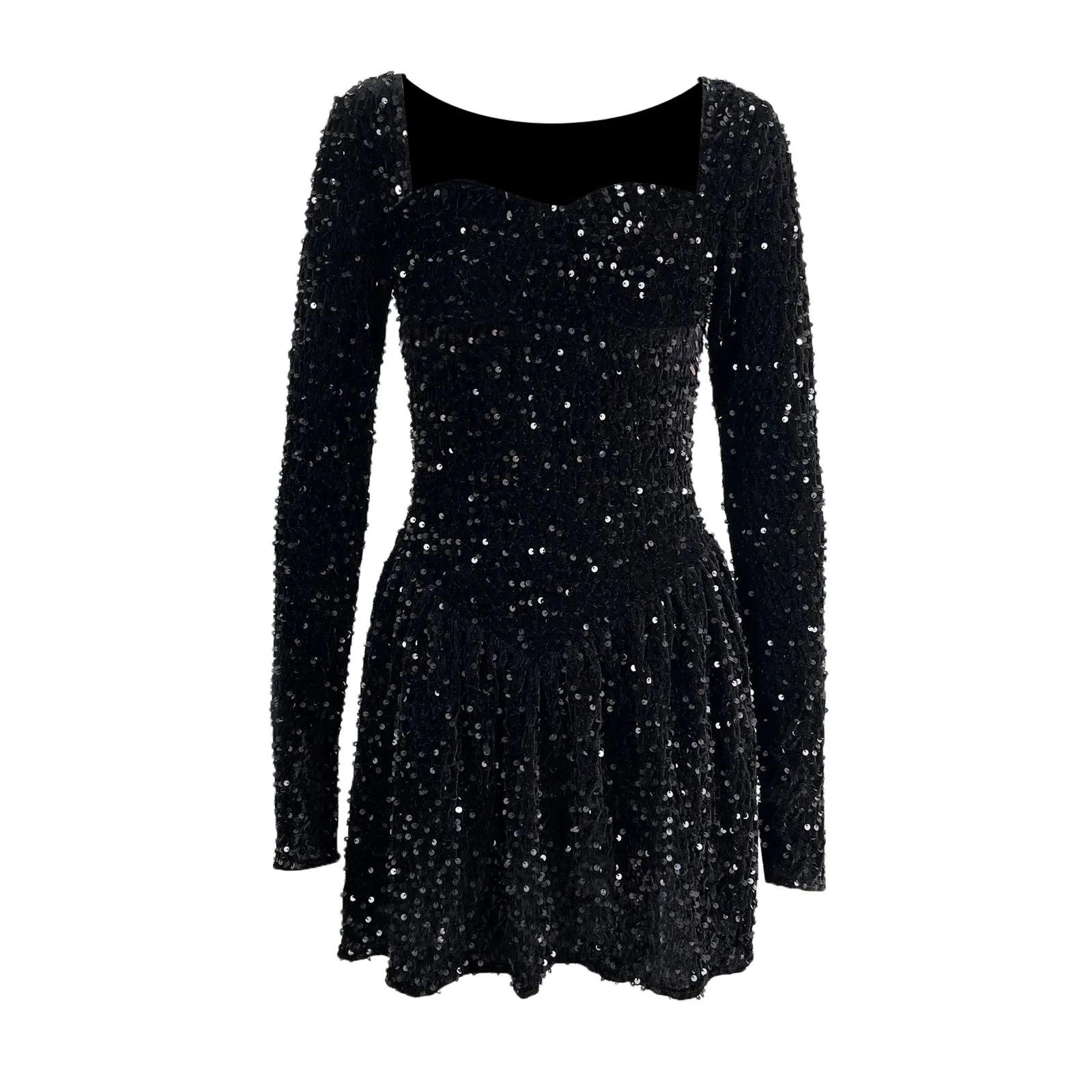 Shiny Sequins Mini Dress For Women Square Black Sexy Short Dress 2024 Female Chic Elegant Glitter Evening Night Party Dresses