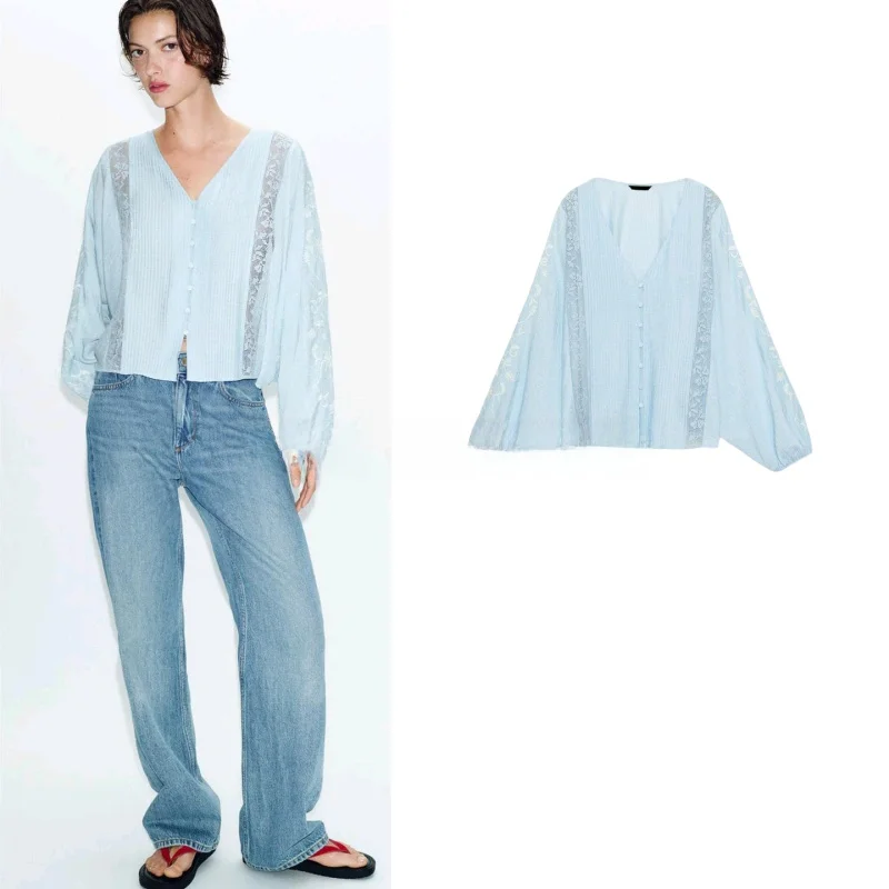 

Новая женская рубашка-топ в повседневном стиле с длинным рукавом, V-образным вырезом, декоративными пуговицами, вышивкой и цветовыми блоками, весна-лето