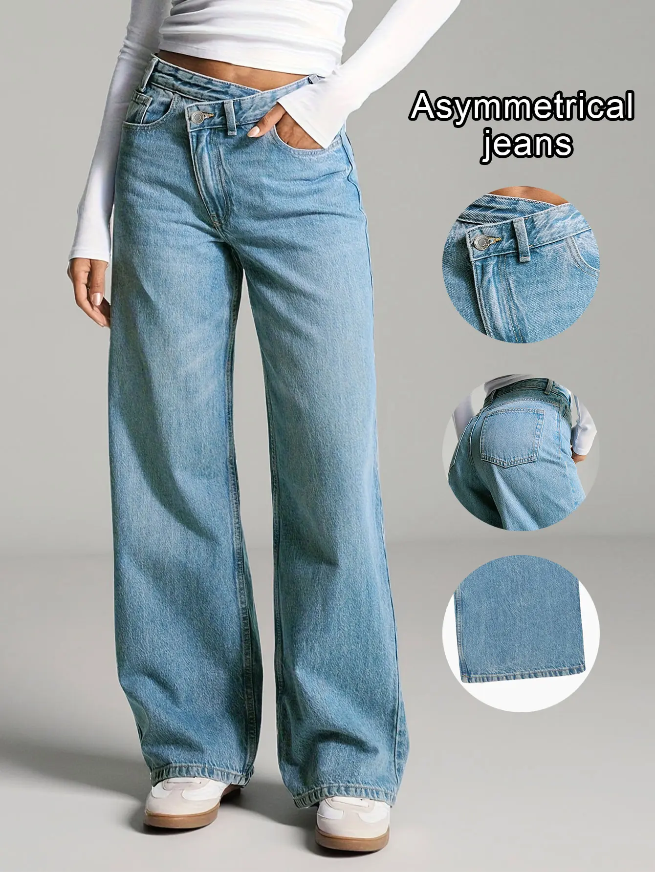Hellblaue Y2K-Jeans mit weitem Bein für Damen – niedrige Taille, lockere Passform – weicher und bequemer, nicht dehnbarer Denim-Stoff – lässiger Street-Style