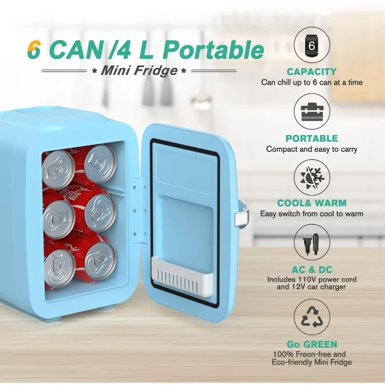 CROWNFUL Mini Fridge, 4 Liter/6 Can Portable Cooler and Warmer Personal Fridge for Skin Care, Cosmetics, Food