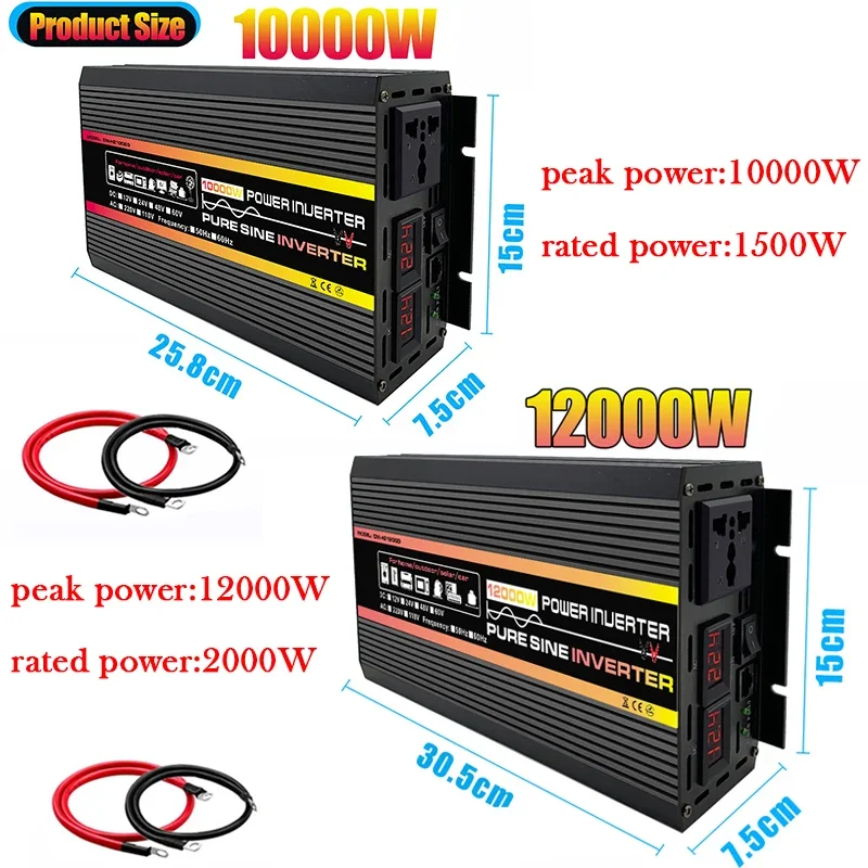 12000W Pure Sine Wave Power Inverter DC 12V 24V To AC 220V Converter Inverter for Solar System Home Outdoor RV Car 50hz 60hz