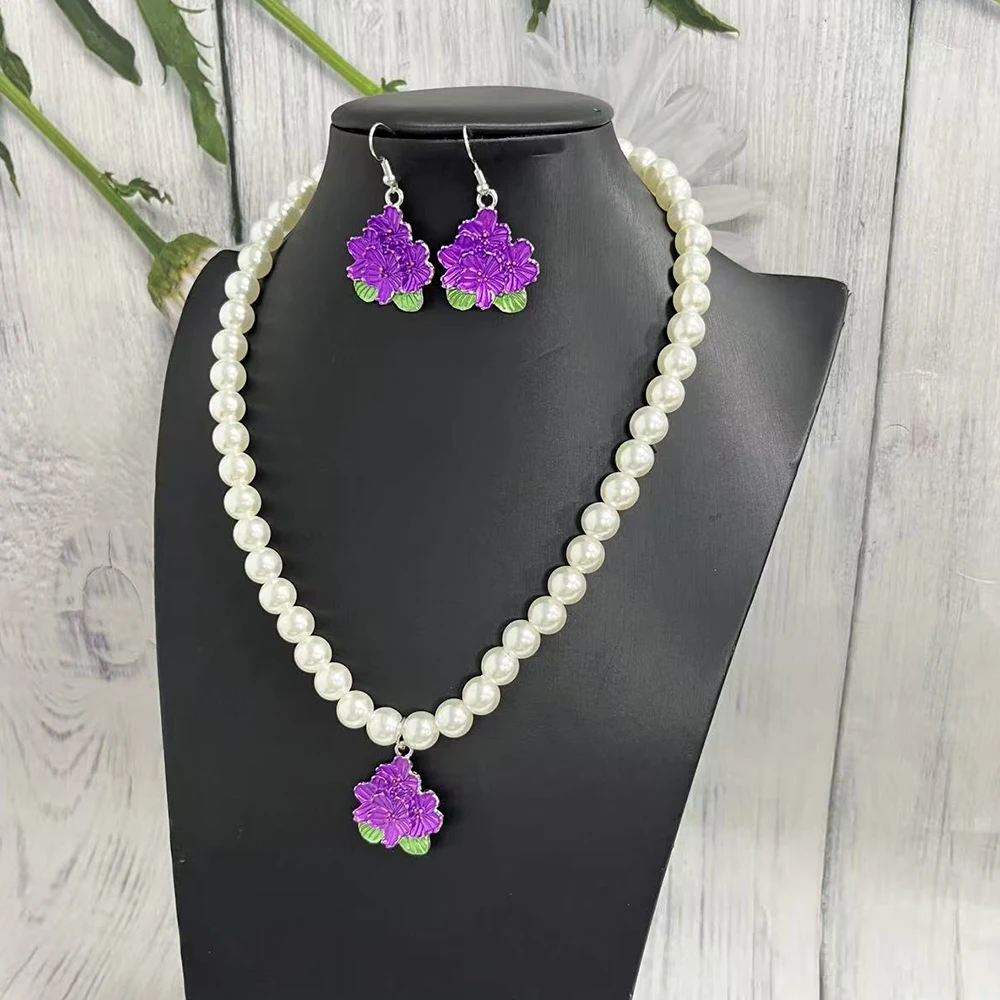 Women's 10mm Pearl Necklace and Earring Set Greek Sorority Purple/Violet Charm Pendant Gift for Sorority Sisters and Members