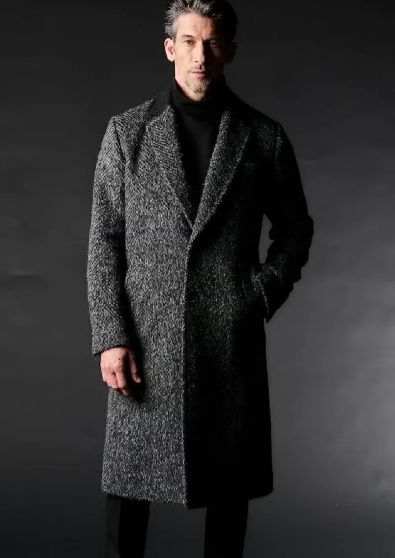 Classic Grey Salt and Pepper Tweed Overcoat with Contrast Black Collar and Single Breasted Front Men Long Coat Customized E26109