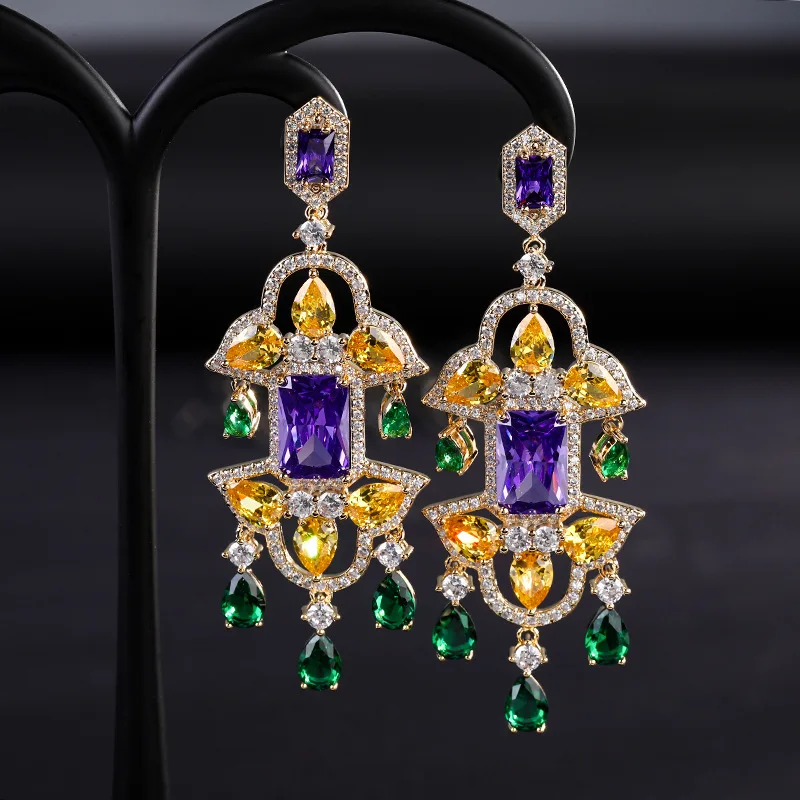 

New fashionable geometric-shaped colored water drop zircon inlaid tassel stud earrings light luxury jewelry accessory for women