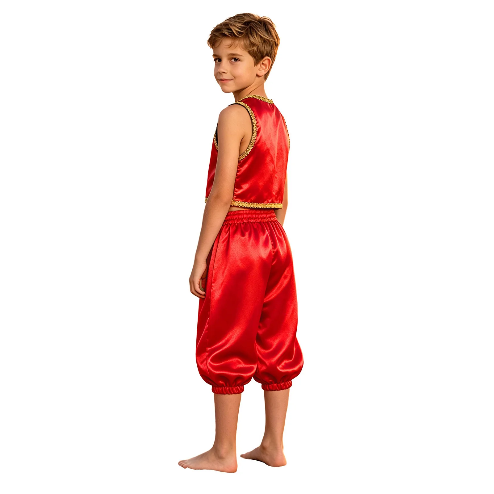 Kids Boys Halloween Arabian Prince Costume Fairy Tale Role Play Party Dress Up Open Front Golden Braided Trim Vest+Capri Pants