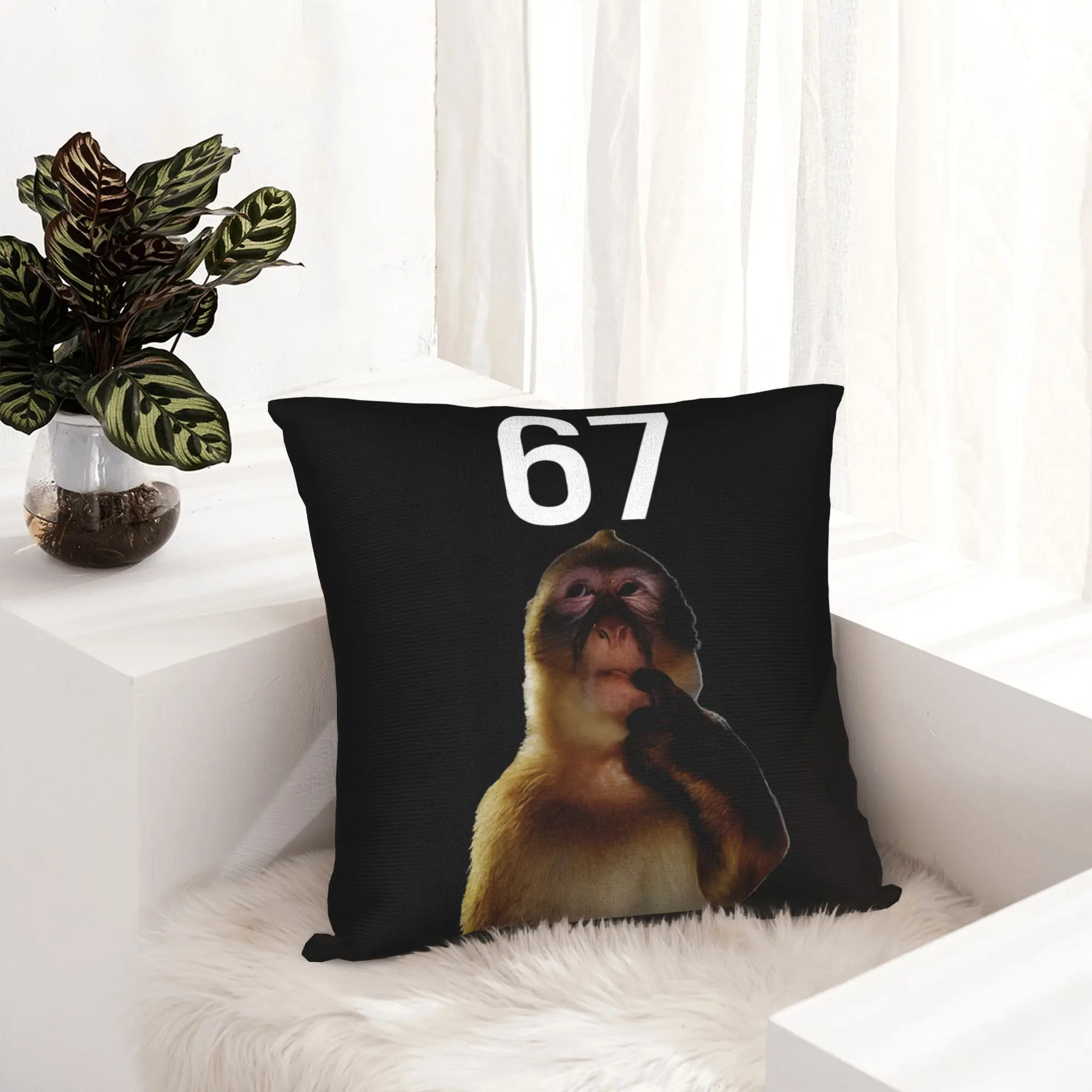 67 Monkey Thinking Meme Funny Six Seven Pillowcase Printed Cushion Cover Decorative  Pillow Case Cover Bedroom Zipper 45*45cm