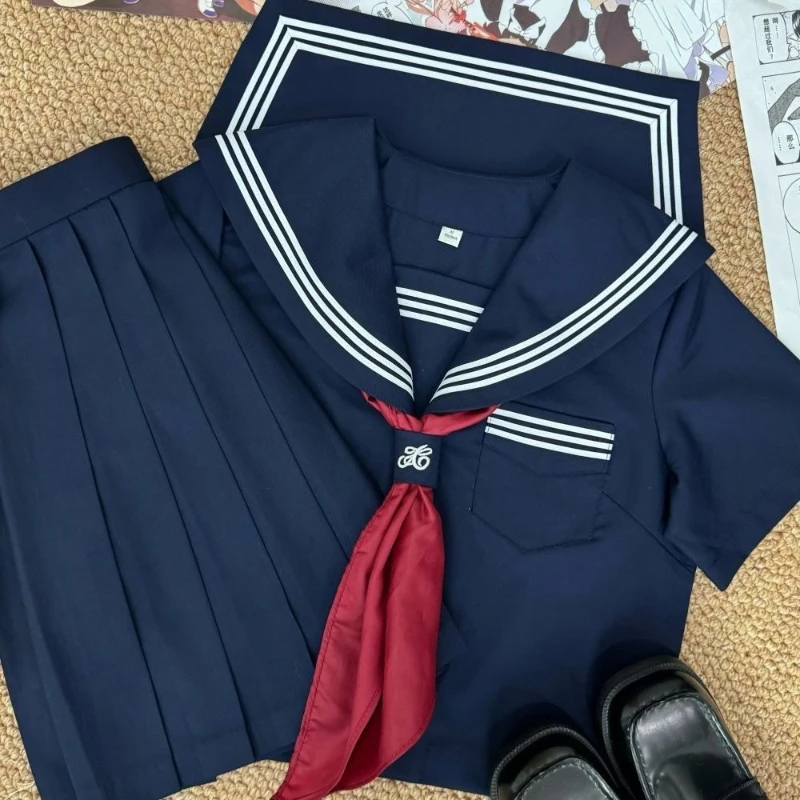 Neue authentische japanische JK-Uniform, Matrosenanzug, dunkelblau, drei Streifen, klassischer Basic-Stil, Schulmädchen-Kostüm-Set